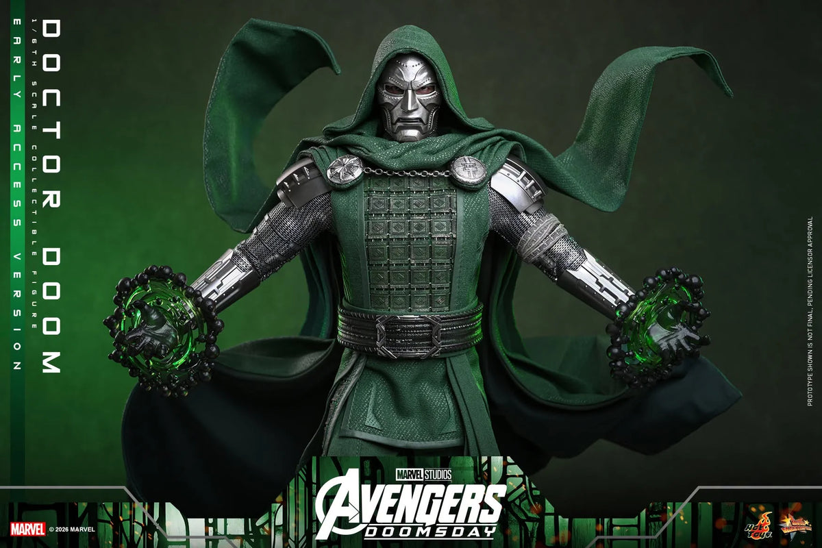 Doctor Doom collectible figure from Marvel's Avengers: Doomsvday, featuring a dark green hooded robe, metallic silver armor, and green energy gauges in both hands, set against a dark green background with franchise branding.